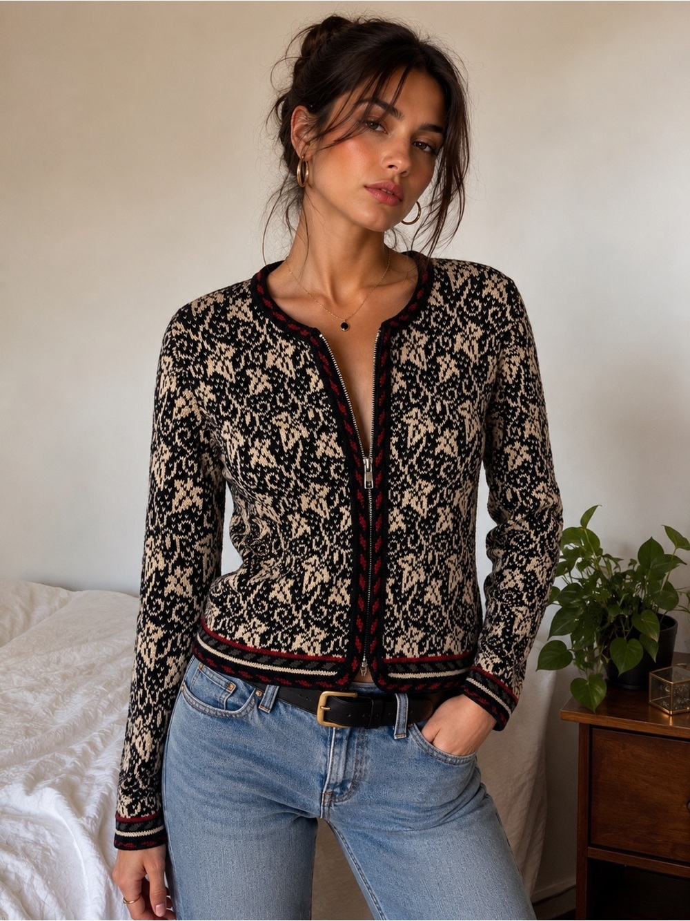 Vintage Nordic Fair Isle Zip Front Sweater
